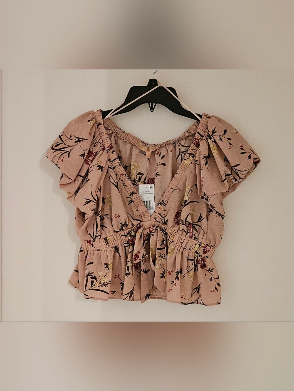 NWT Evolutionary Floral Short Sleeve V-Neck Tie Front Blouse Size L, Blush/Mauve